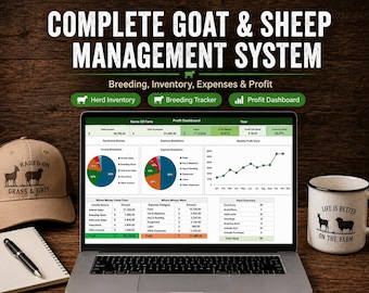 May include: A laptop displaying a Complete Goat & Sheep Management System dashboard with pie charts and tables, accompanied by a tan baseball cap with a goat and sheep graphic, a white mug with the text Life is Better on the Farm, and a notebook.