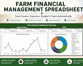 May include: A digital farm financial management spreadsheet template featuring a dashboard overview for 2024. The interface displays a monthly expense trend line graph, an expense breakdown pie chart, and data fields for feed, vet, fuel, and equipment costs.