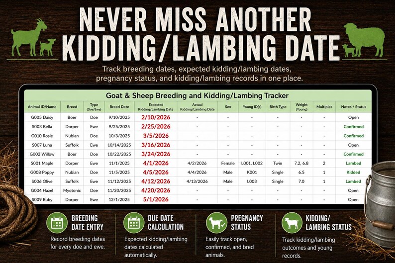 May include: A Goat & Sheep Breeding and Kidding/Lambing Tracker chart featuring columns for animal ID, breed, dates, sex, and status. The header reads NEVER MISS ANOTHER KIDDING/LAMBING DATE, with icons for breeding, due dates, and pregnancy status.