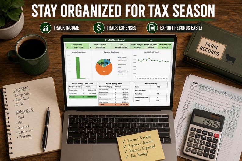 May include: A laptop displaying a Profit Dashboard with charts and financial data, surrounded by a notebook with income and expense lists, a calculator, a Farm Records book, and a sticky note with the text Income Tracked, Expenses Tracked, Records Exported, Tax Ready.