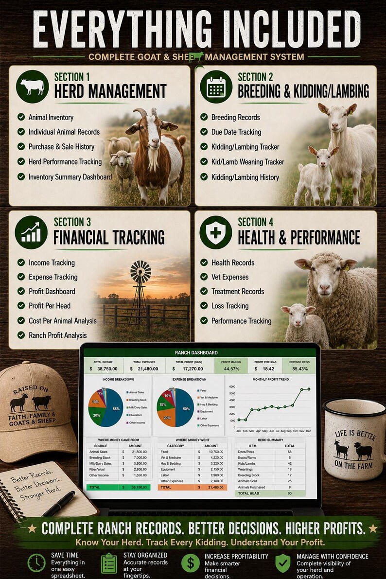 May include: A digital goat and sheep management system infographic featuring four sections: Herd Management, Breeding & Kidding/Lambing, Financial Tracking, and Health & Performance. Includes a laptop displaying a ranch dashboard, a cap, and a notepad.