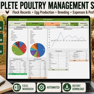 May include: A digital poultry management system displayed on a laptop screen, featuring a profit dashboard with pie charts, line graphs, and tables for flock records, egg production, and expenses. Includes a mug labeled Farm Life and a notepad.