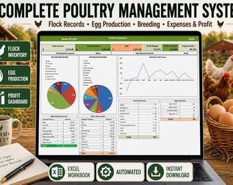 May include: A digital poultry management system displayed on a laptop screen, featuring a profit dashboard with pie charts, line graphs, and tables for flock records, egg production, and expenses. Includes a mug labeled Farm Life and a notepad.