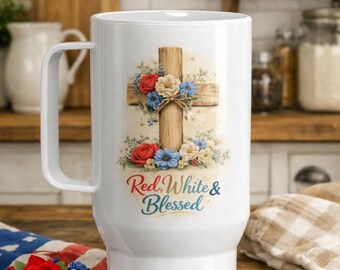 Tazza da viaggio rossa e bianca con scritta "Blessed" – Tazza da caffè rustica con croce e fiori