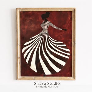 May include: A framed wall art print featuring a silhouette of a figure in a long, flowing dress with black and white vertical stripes. The figure is set against a deep, textured dark red background. The frame is a light, weathered wood finish.