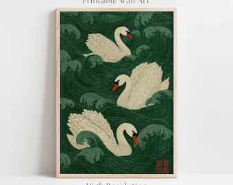 Elegant Swans on Emerald Waves, Japanese Woodblock-Style Print (Digital Download)