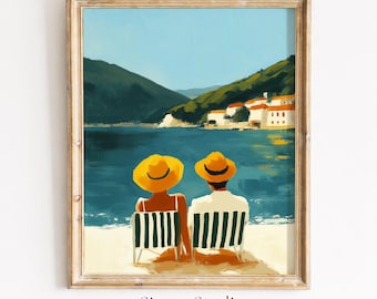 Summer Beach Scene with Couple, Retro Coastal Painting, Yellow Hat Art (Digital Download)