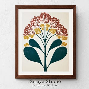 May include: A framed wall art print featuring a stylised botanical illustration on a cream background. The design displays dark teal leaves at the base, with clusters of textured mustard yellow and burnt orange flowers branching upwards.