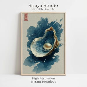 May include: Printable wall art featuring a watercolor painting of an oyster shell with a pearl. The artwork is in shades of blue and gold, with the text "Siraya Studio" and "Printable Wall Art" at the top. The bottom text reads "High Resolution Instant Download".