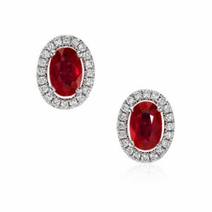 Ruby Halo Stud Earrings, Mossianate  Diamond Earrings, Oval Ruby Earrings, White Gold Studs, Vintage Inspired Jewelry, July Birthstone Gift