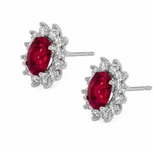 Ruby Halo Stud Earrings in Yellow Gold, Oval Ruby Diamond Earrings, Vintage Inspired Floral Studs, July Birthstone Jewelry Gift for Women