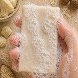 Può includere: Una saponetta rettangolare ricoperta di bolle schiumose. Il sapone è di colore beige chiaro e viene tenuto in mano. Sullo sfondo ci sono piccole ciotole e cucchiai di legno con cereali e semi.