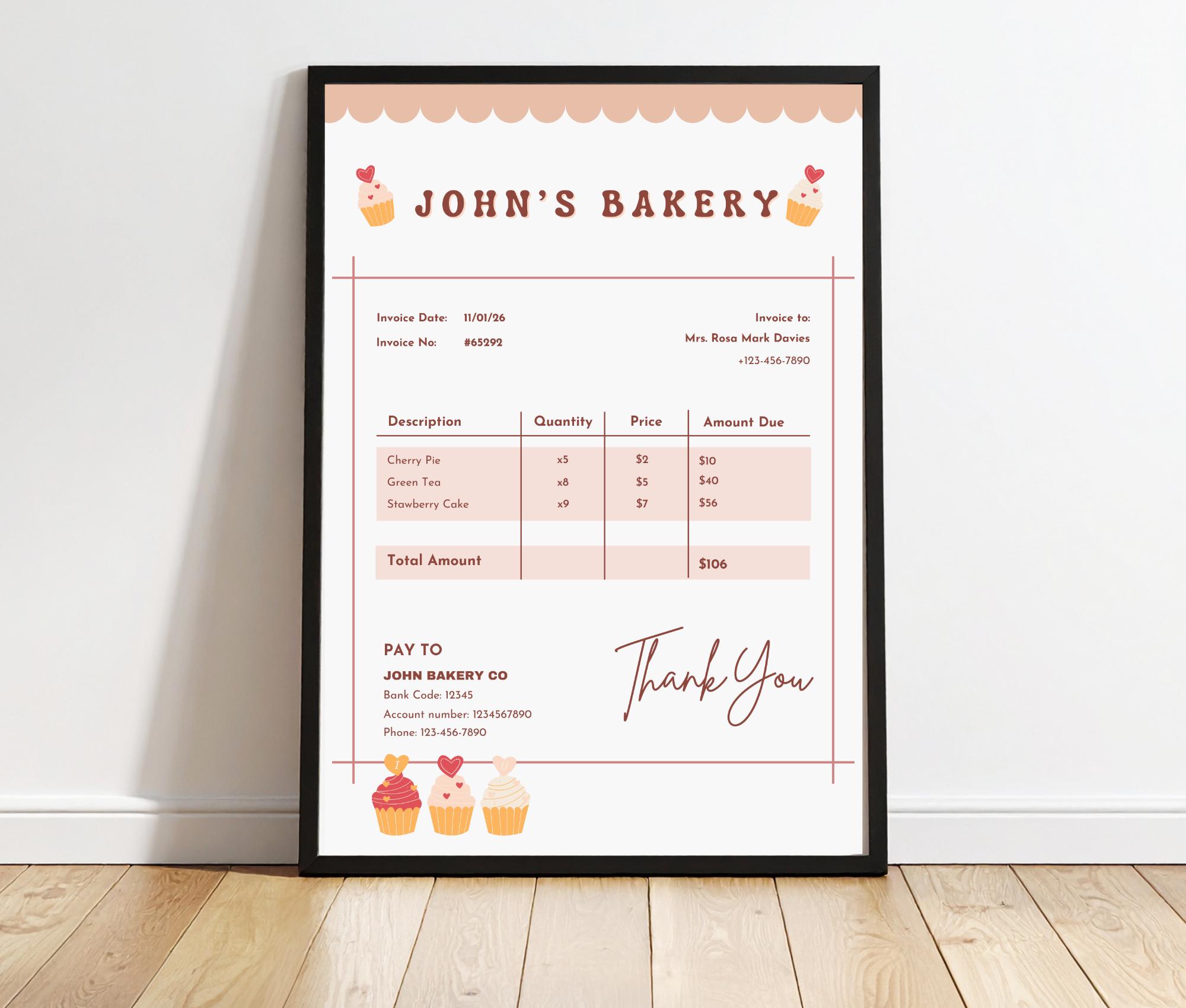 Editable Bakery Invoice Template in Canva – Billing Form for Custom ...
