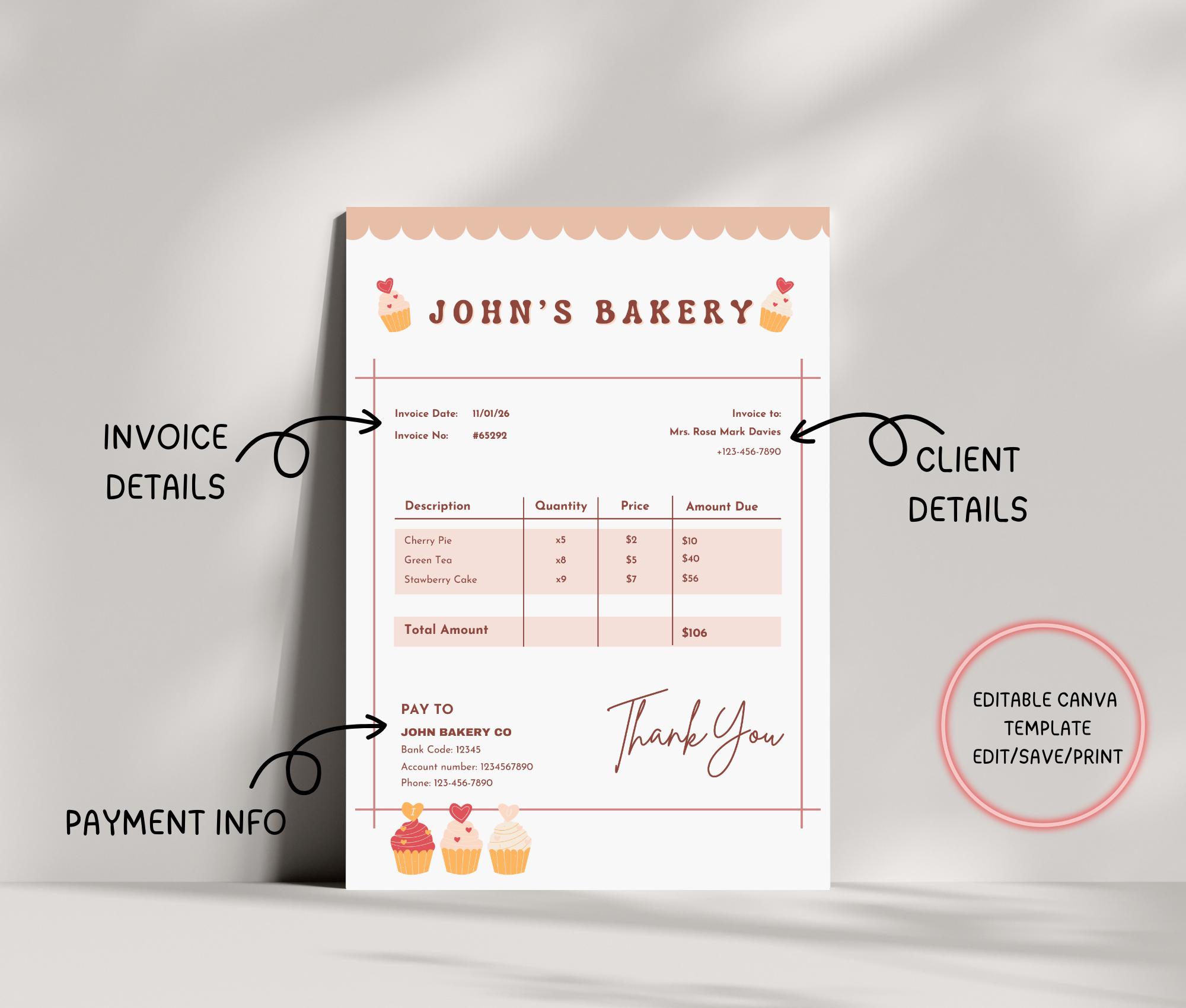 Editable Bakery Invoice Template in Canva – Billing Form for Custom ...