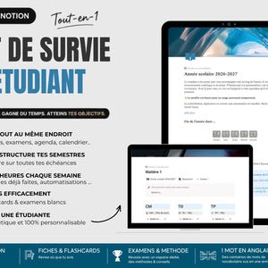 Peut inclure: Un modèle numérique de kit de survie étudiant affiché sur une tablette, un ordinateur portable et un smartphone. L'interface présente du texte en français, dont le titre LE KIT DE SURVIE DE L'ÉTUDIANT, avec des sections pour organiser les cours.