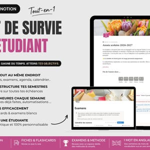 May include: A digital student survival kit template for Notion displayed on a laptop, tablet, and smartphone. The graphic features French text including LE KIT DE SURVIE DE L'ÉTUDIANT, lists of organizational features, and icons for study planning.