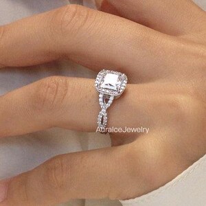 2 CT Cushion Cut Colorless Moissanite Ring, Halo Wedding Ring, Split Shank Engagement Ring, Solitaire With Accent Ring, 14K White Gold Ring