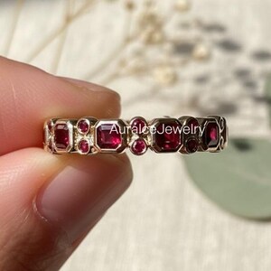 Princess Cut Ruby Diamond Band, July Birthstone Bezel Set Band, Vintage Art Stackable Band, Garnet Wedding Band, 14K Yellow Gold Dot Band