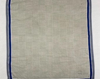 Vintage Pierre Balmain Paris Handkerchief Pocket Square Gray Checked with Navy Border 16x17"
