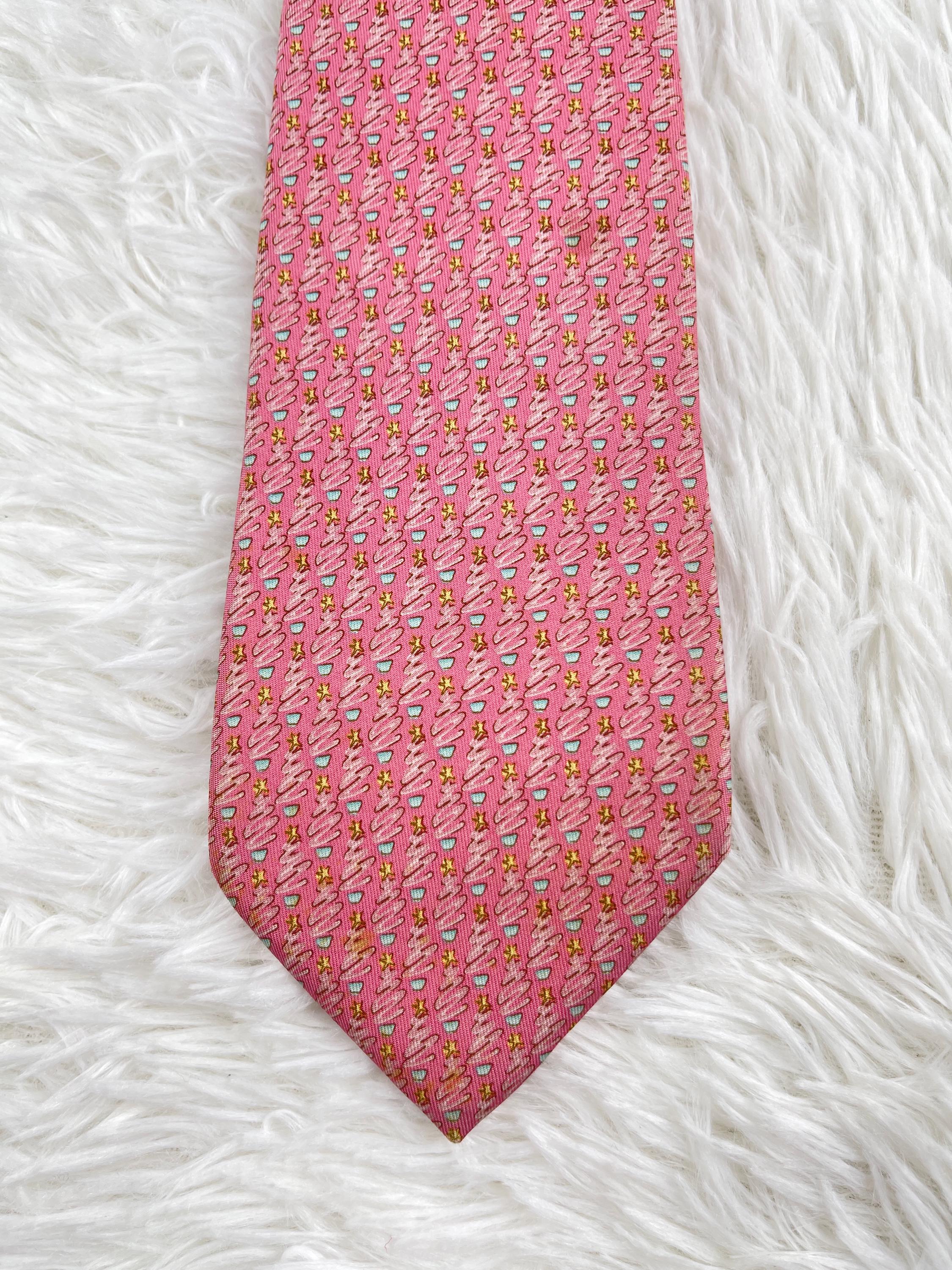 Salvatore Ferragamo Pink Silk Tie, Christmas Tree Star Pattern