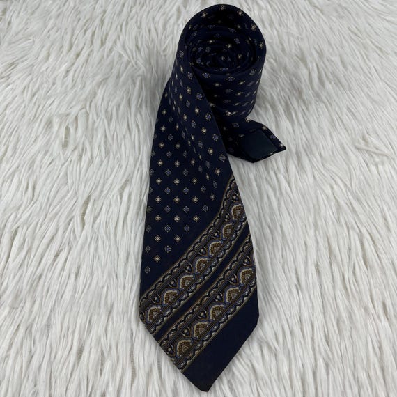 Vintage Silk Tie Leonard Da Vinci Italy Navy Blue Geometric Paisley Diagonal Stripe Necktie Classic Mens Gift Dark Blue Italian Silk Tie