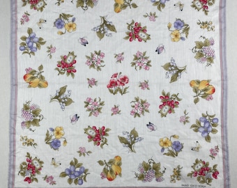 Vintage Paolo Gucci Floral Handkerchief, 16x16 Cotton Pocket Square, Cottagecore Fruit & Butterfly Print, Designer Neck Scarf, Purple Border