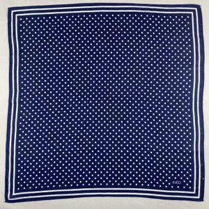 Peut inclure: Carré de poche bleu marine à pois blancs. Le carré a une bordure blanche et le mot "INED" dans le coin. Cet accessoire convient aux tenues formelles ou décontractées. Le carré est carré.