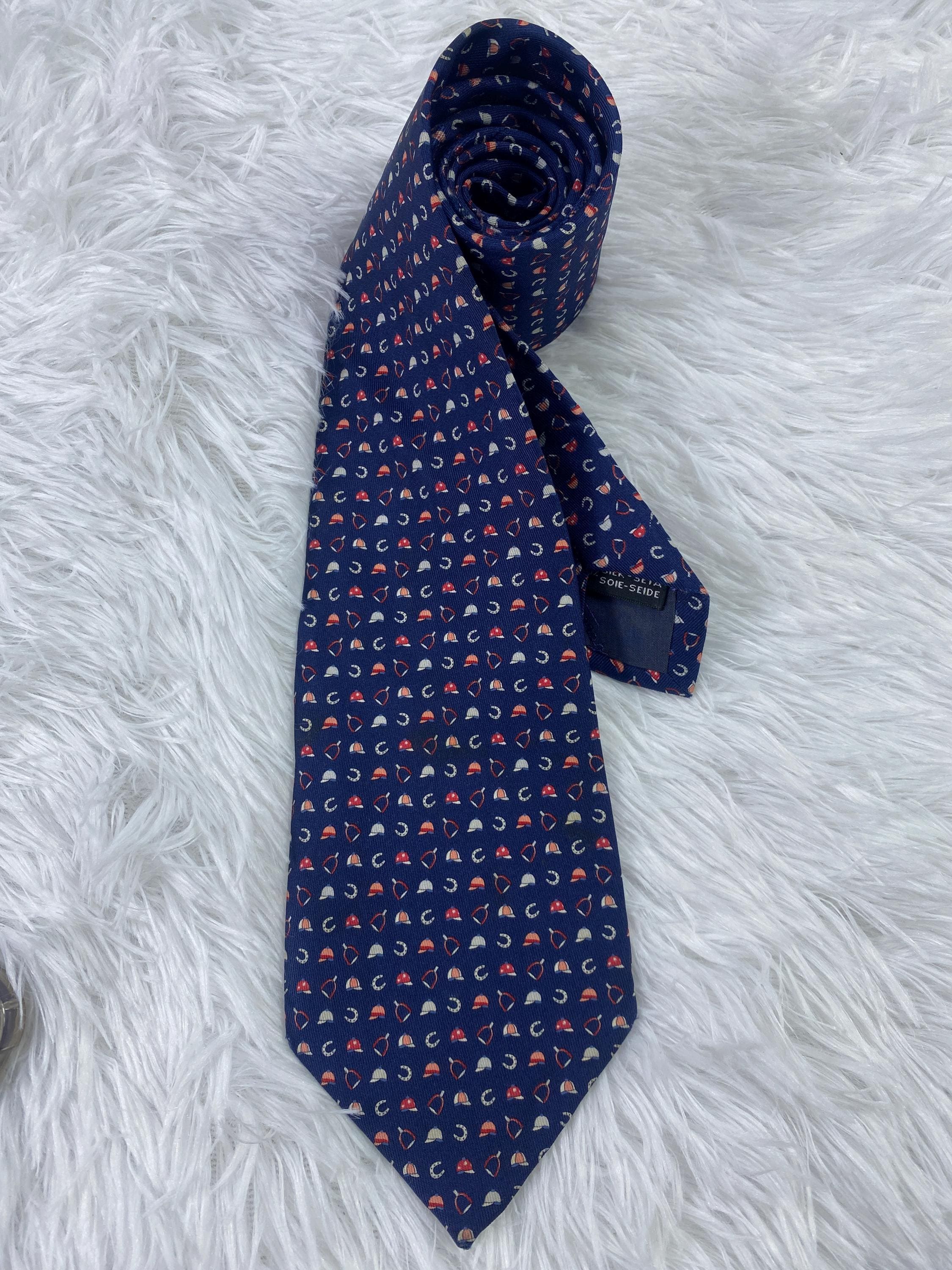 Salvatore Ferragamo Vintage Silk Tie, Navy Equestrian Print, Made in Italy