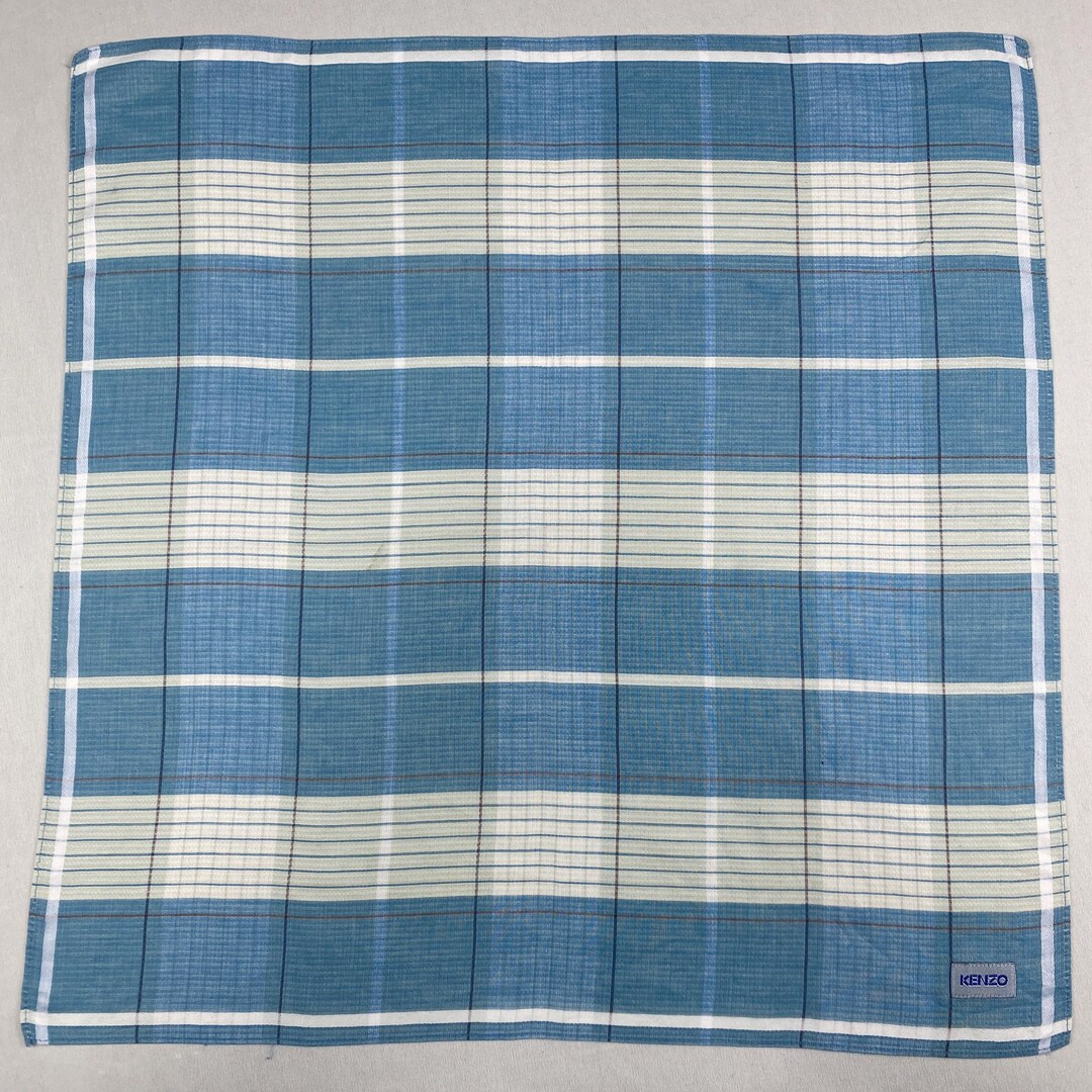 Vintage Kenzo Paris Plaid Handkerchief Blue White Checkered Pocket