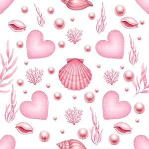Motivo senza soluzione di continuità "Amore Marino Rosa", con cuori, conchiglie, perle e corallo (JPG)