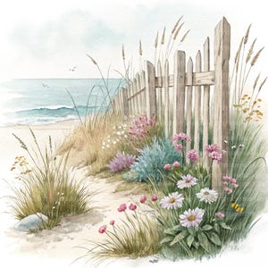 Könnte beinhalten: Eine Aquarellillustration eines sandigen Strandwegs, der von einem verwitterten Holzzaun gesäumt wird. Hohe Dünengräser, rosa und weiße Wildblumen sowie grüne Sträucher wachsen entlang des Zauns. Das Meer mit sanften Wellen ist zu sehen.