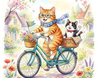 Katzen auf Fahrrad Aquarell Clipart, wunderliche Kätzchen Garten-Kunst-Bundle (10 Illustrationen)