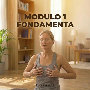 Può includere: Una donna in canotta grigia medita con le mani sul petto. Il testo "MODULO 1 FONDAMENTA" è visualizzato sopra di lei. L'immagine è ambientata in una stanza con una libreria e una lampada. Il testo "By MindBook Pro" è in basso.