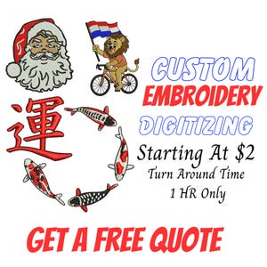 May include: Embroidered designs on a white background. Includes a Santa Claus, a lion riding a bicycle with a flag, koi fish, and Chinese characters. Text reads "CUSTOM EMBROIDERY DIGITIZING" and "GET A FREE QUOTE."