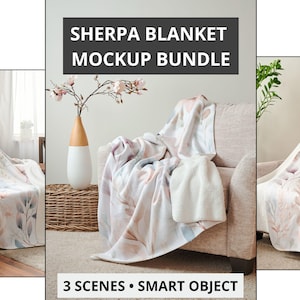Puede incluir: Un paquete de maquetas con tres escenas de una manta Sherpa. La manta muestra un estampado floral en tonos rosa, azul y beige. El texto "SHERPA BLANKET MOCKUP BUNDLE" se muestra en un rectángulo negro.