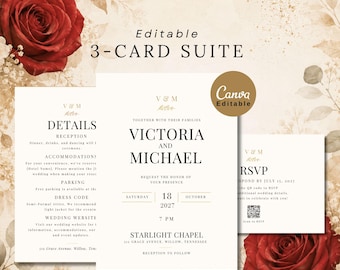 Wedding Invitation Suite Editable Canva Template Minimalist Wed Invite RSVP Modern Details Card Ivory Beige Digital Download