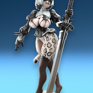 May include: A detailed figurine of a humanoid feline character with white fur and black accents. The figure is clad in a black and white outfit, with a leopard print on the thigh. It holds a large silver sword, standing on a textured base.