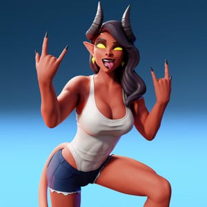 May include: A 3D rendered image of a female demon with red skin, black horns, and dark hair. She wears a white tank top and blue denim shorts. She is making a rock and roll hand gesture with both hands and sticking out her tongue.