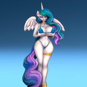 May include: A 3D-rendered figurine of a mythical creature with a white body, blue bikini, and flowing hair in shades of blue, green, and purple. It has white wings, a golden necklace, and a horn. The background is a gradient of blue.