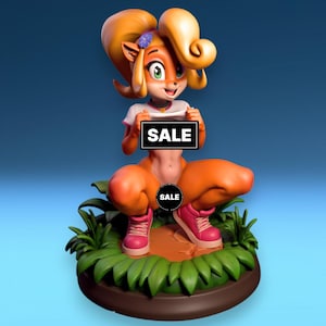May include: A figurine of a cartoon character with orange fur and hair, wearing a white shirt and pink shoes. The character is holding a sign that says "SALE". The figurine is on a base with green leaves.