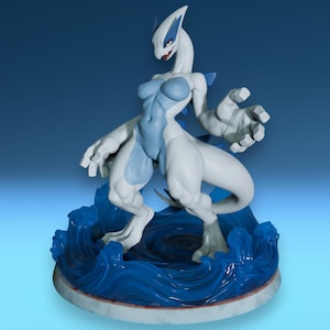 May include: A white and light blue bipedal creature figurine with a long tail, pointed ears, and sharp claws, standing in a dynamic pose atop a translucent dark blue sculpted wave base that mimics swirling water with detailed crests and ripples.