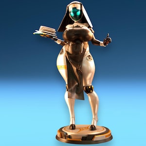May include: A stylised robotic figurine dressed in a black and white habit with a veil featuring a small cross. The figure has a glowing teal visor, holds an open book in one hand, and stands on a circular base with metallic gold accents.