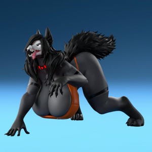 May include: A 3D rendered figure of a wolf-like creature in a crawling pose. The figure is primarily dark grey with black hair and a fluffy tail. It wears an orange garment and a red collar.