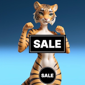 Pode incluir: Figura de um híbrido tigre-humano com listras laranja e pretas. A figura segura uma placa preta com a palavra "SALE" em branco. Uma placa circular com "SALE" também é visível. O fundo é um gradiente azul.