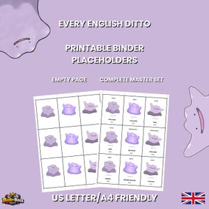 Könnte beinhalten: Helllila Hintergrund mit dem Text "EVERY ENGLISH DITTO PRINTABLE BINDER PLACEHOLDERS". Zwei Papierbögen mit Ditto-Illustrationen werden angezeigt. Der Text "US LETTER/A4 FRIENDLY" steht unten.