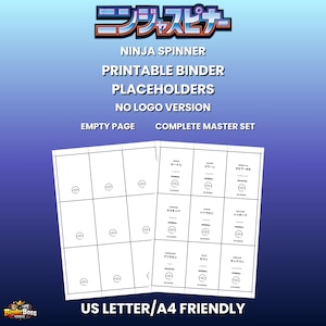 May include: A printable binder with placeholders, labeled "Ninja Spinner." The design includes empty pages and pages with Japanese text and Pokémon-themed graphics. The text "US LETTER/A4 FRIENDLY" is also visible.