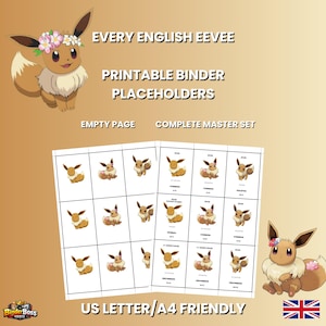 Puede incluir: Un conjunto de páginas de carpeta imprimibles digitales con ilustraciones del personaje Eevee. El texto dice EVERY ENGLISH EEVEE PRINTABLE BINDER PLACEHOLDERS, EMPTY PAGE, COMPLETE MASTER SET y US LETTER/A4 FRIENDLY. Incluye a Eevee con una corona de flores.