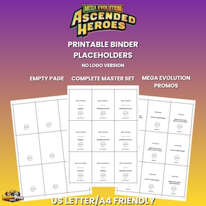 Może przedstawiać: Drukowane symbole zastępcze segregatora z tekstem "MEGA EVOLUTION ASCENDED HEROES". Obraz przedstawia trzy białe arkusze z czarnym tekstem i układami siatki. Arkusze są oznaczone jako "EMPTY PAGE", "COMPLETE MASTER SET" i "MEGA EVOLUTION PROMOS".