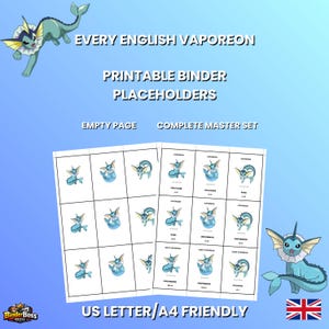 Könnte beinhalten: Druckbare Ordner-Platzhalter mit dem Pokémon Vaporeon. Das Design enthält den Text "EVERY ENGLISH VAPOREON" und "PRINTABLE BINDER PLACEHOLDERS". Die Platzhalter sind auf weißen Seiten mit blau-weißem Hintergrund angeordnet. Das Produkt ist US Letter/A4-kompatibel.