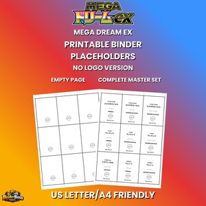 Puede incluir: Imprimibles para carpetas con el texto "MEGA DREAM EX" y "US LETTER/A4 FRIENDLY". El diseño incluye páginas vacías con espacios para tarjetas y texto japonés. El fondo es un degradado de rojo, naranja y azul.